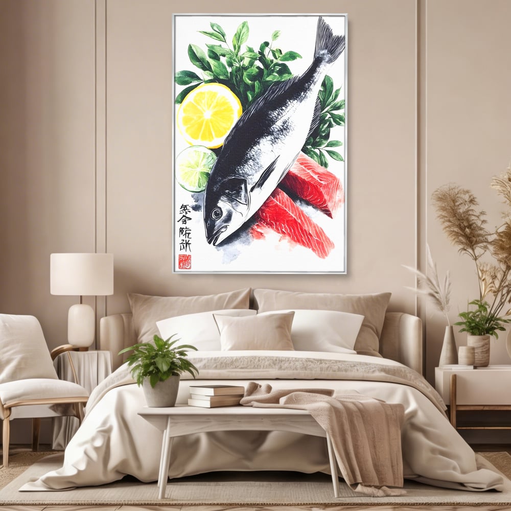 Tablou canvas cu ilustratie cu peste intreg si fileuri, in rama de aluminiu argintiu, pe perete intr-un dormitor